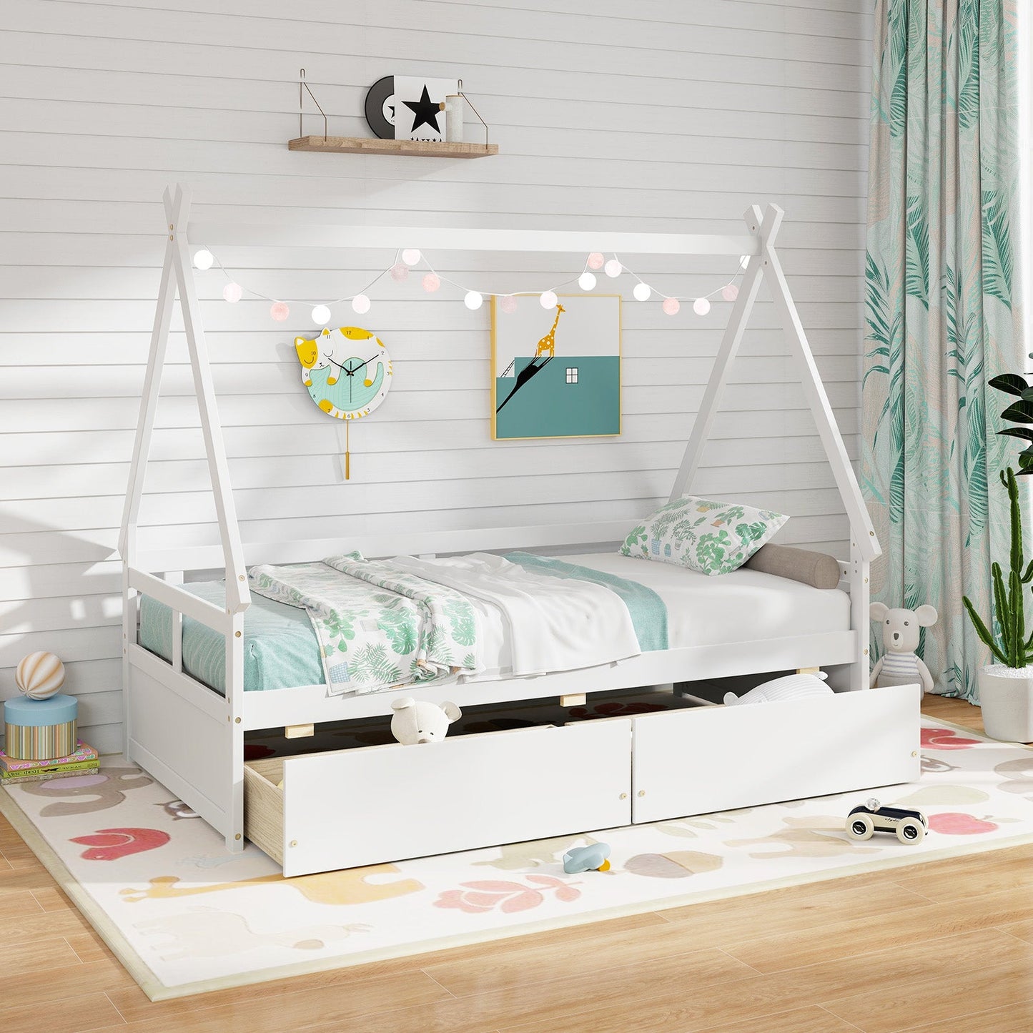 Cama Casa de Tamaño Twin con Techo y Barandilla de Seguridad - Blanca
