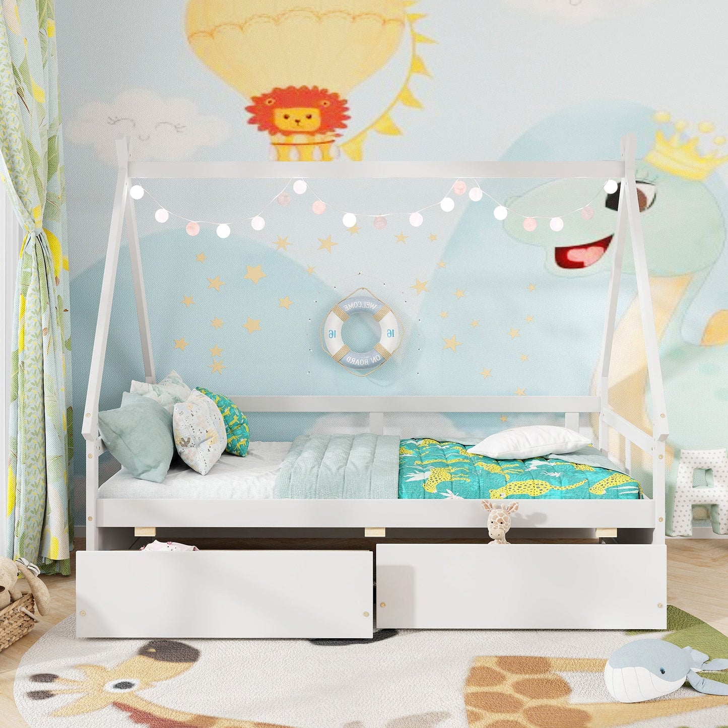 Cama Casa de Tamaño Twin con Techo y Barandilla de Seguridad - Blanca
