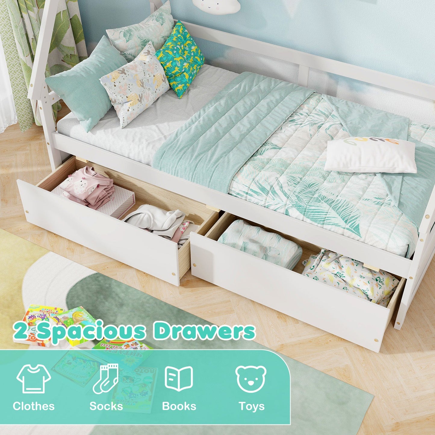 Cama Casa de Tamaño Twin con Techo y Barandilla de Seguridad - Blanca
