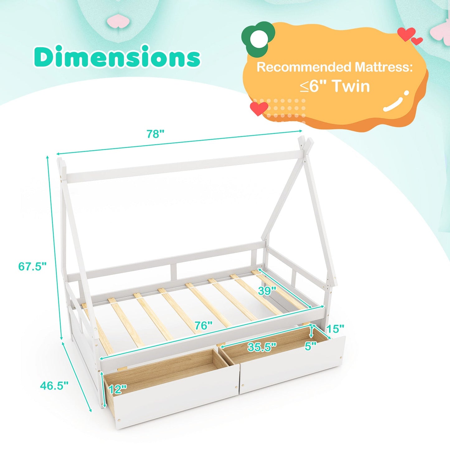 Cama Casa de Tamaño Twin con Techo y Barandilla de Seguridad - Blanca