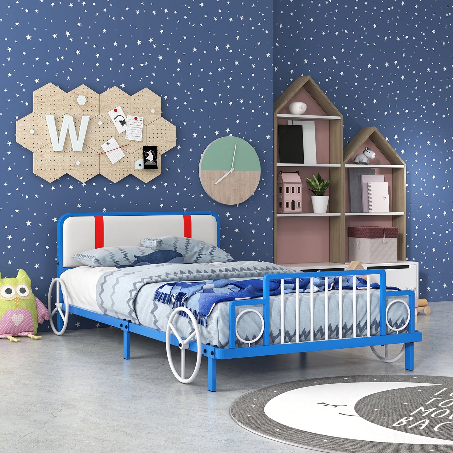 Twin Size Kids Car-Shaped Metal Bed Frame with Upholstered Headboard