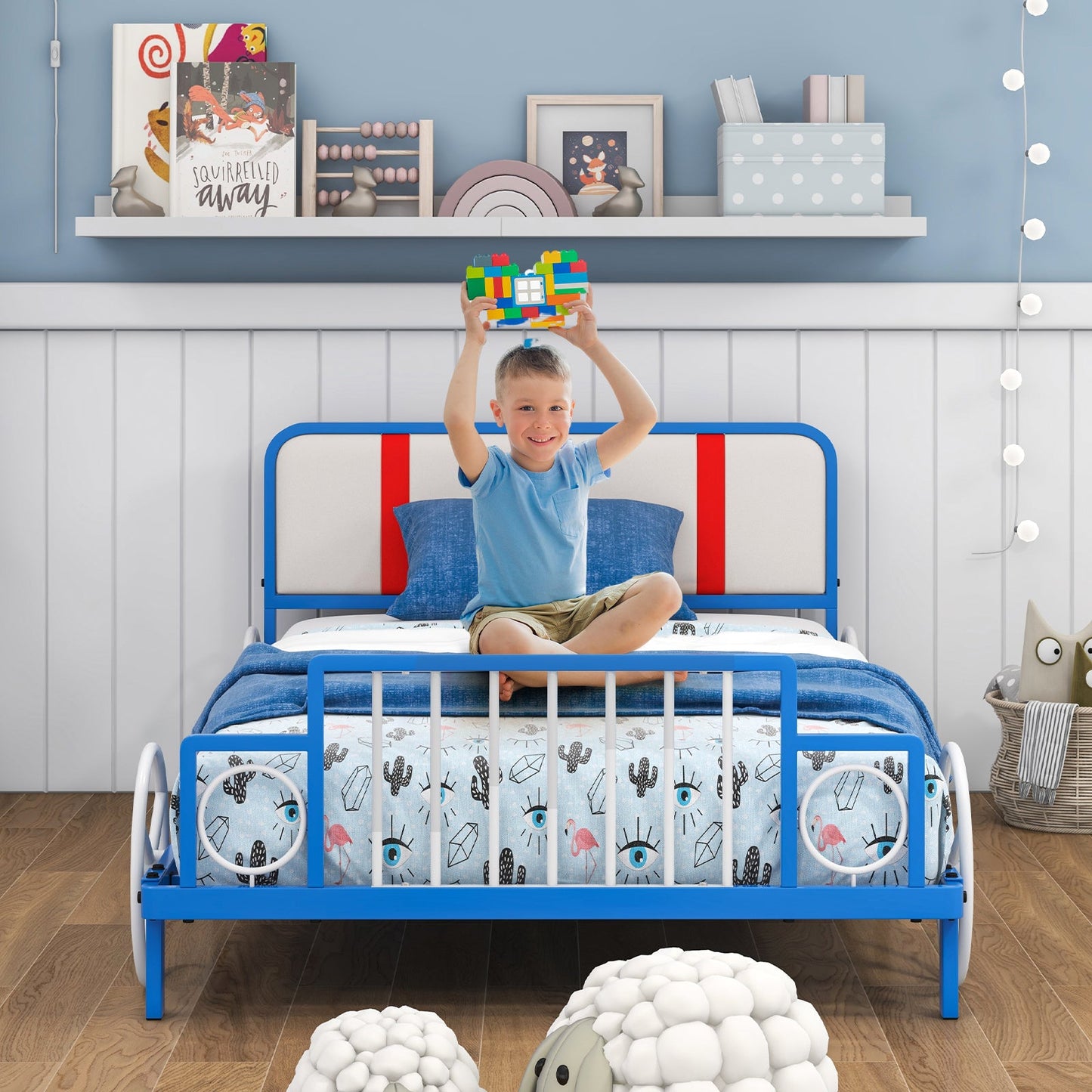 Twin Size Kids Car-Shaped Metal Bed Frame with Upholstered Headboard