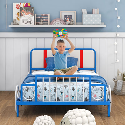 Cama de Metal en Forma de Coche para Niños de Tamaño Twin con Cabecera Tapizada