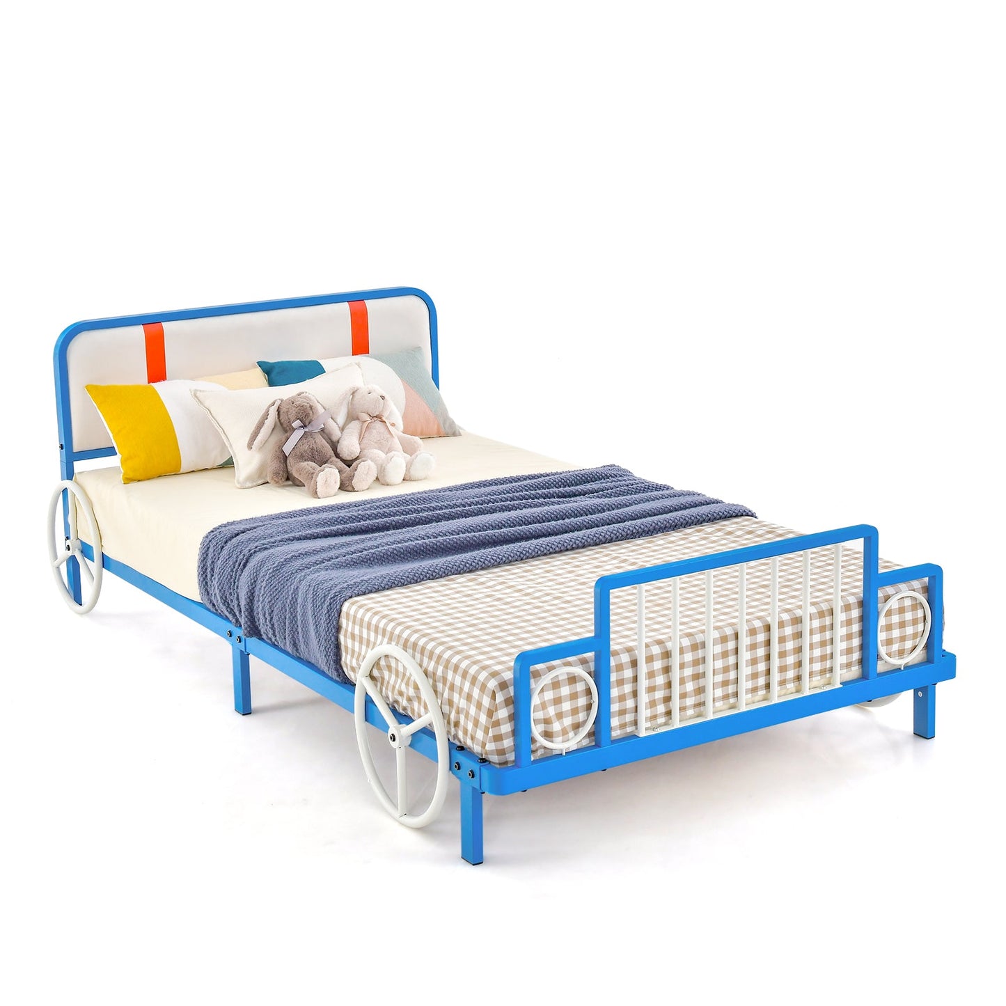 Twin Size Kids Car-Shaped Metal Bed Frame with Upholstered Headboard
