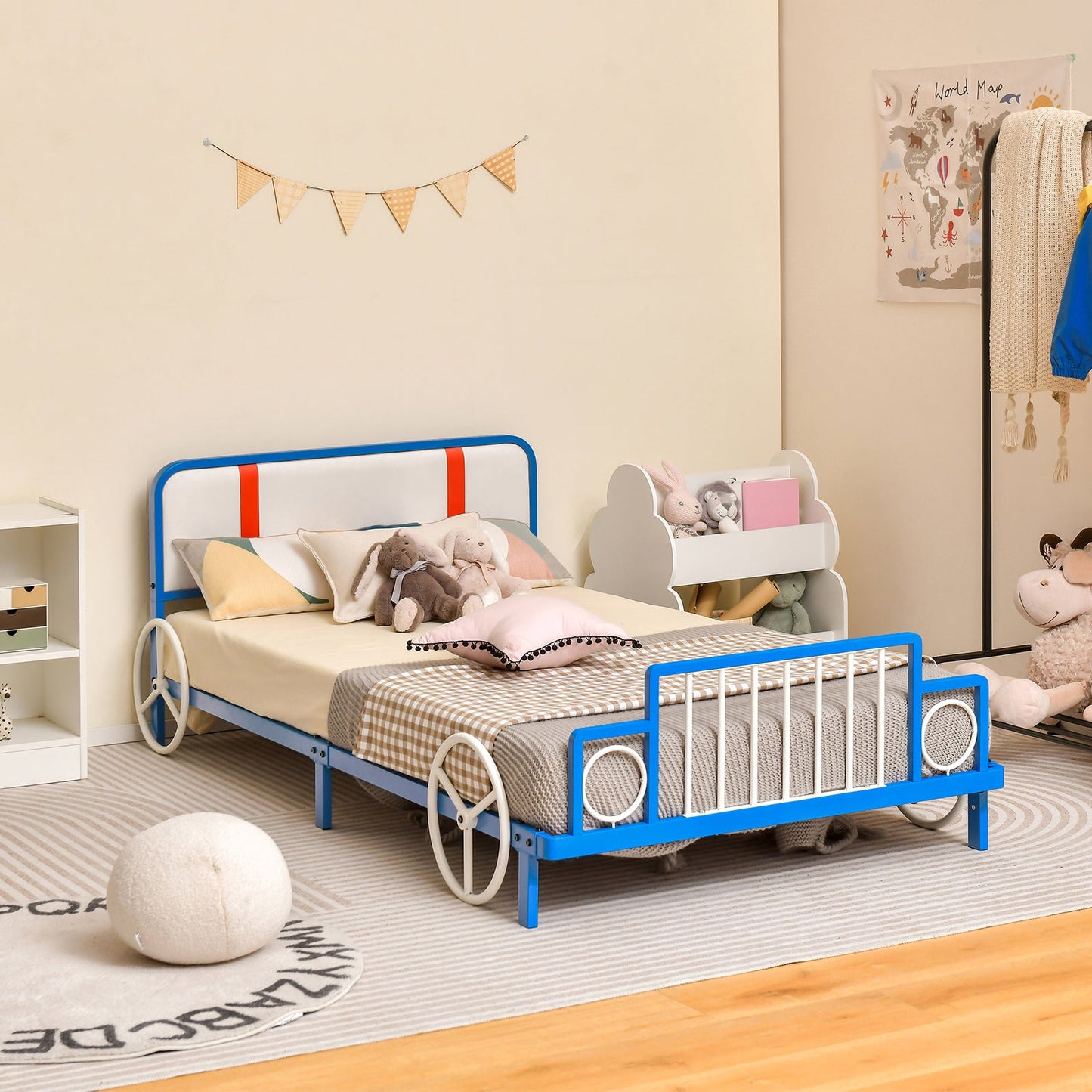 Twin Size Kids Car-Shaped Metal Bed Frame with Upholstered Headboard
