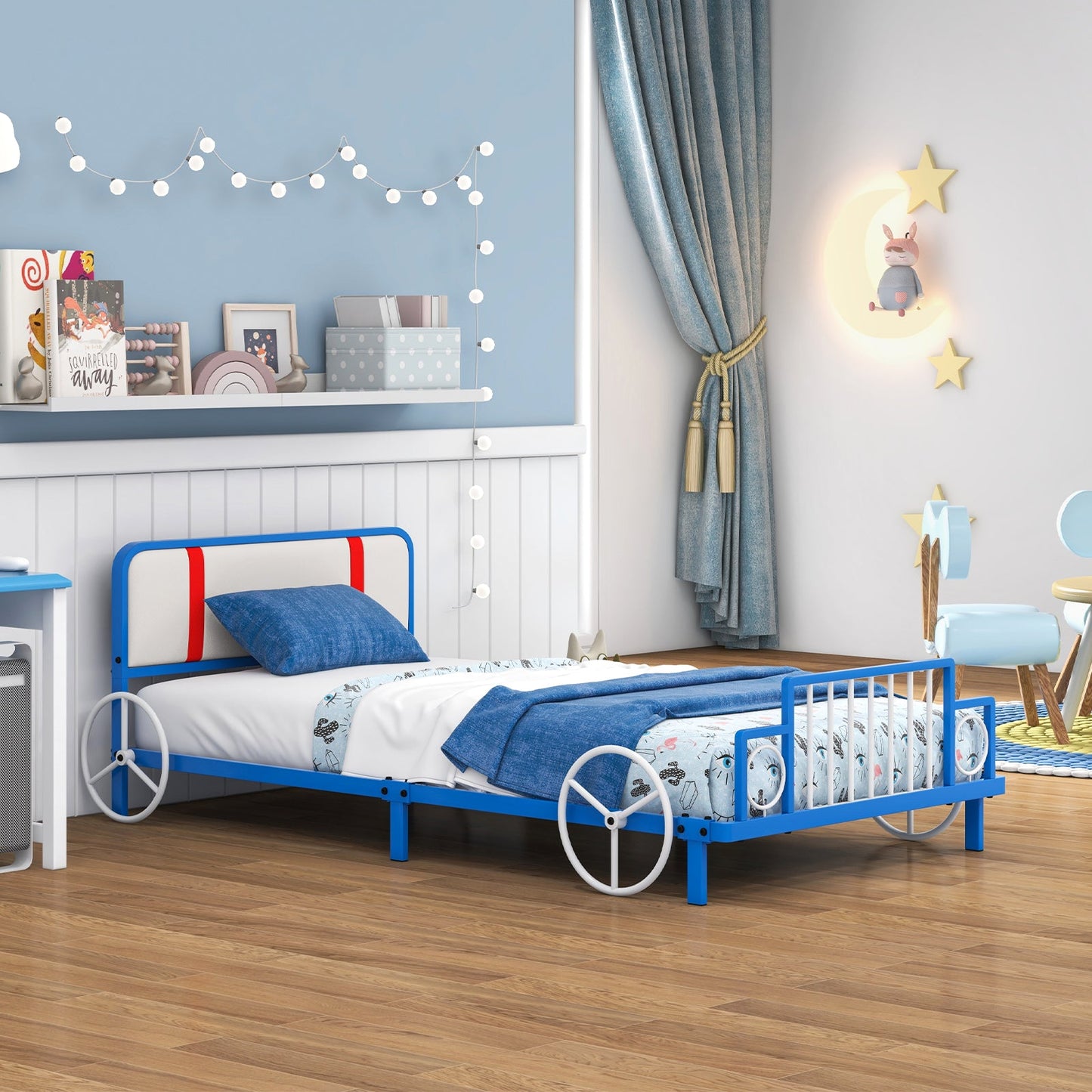 Twin Size Kids Car-Shaped Metal Bed Frame with Upholstered Headboard