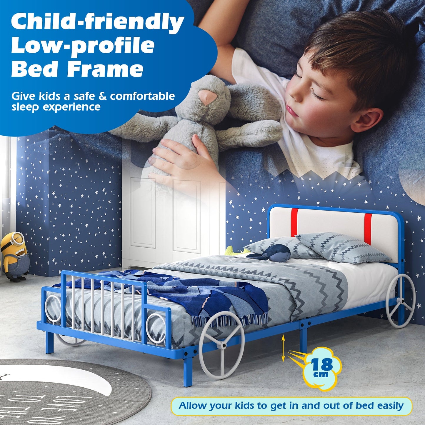 Twin Size Kids Car-Shaped Metal Bed Frame with Upholstered Headboard
