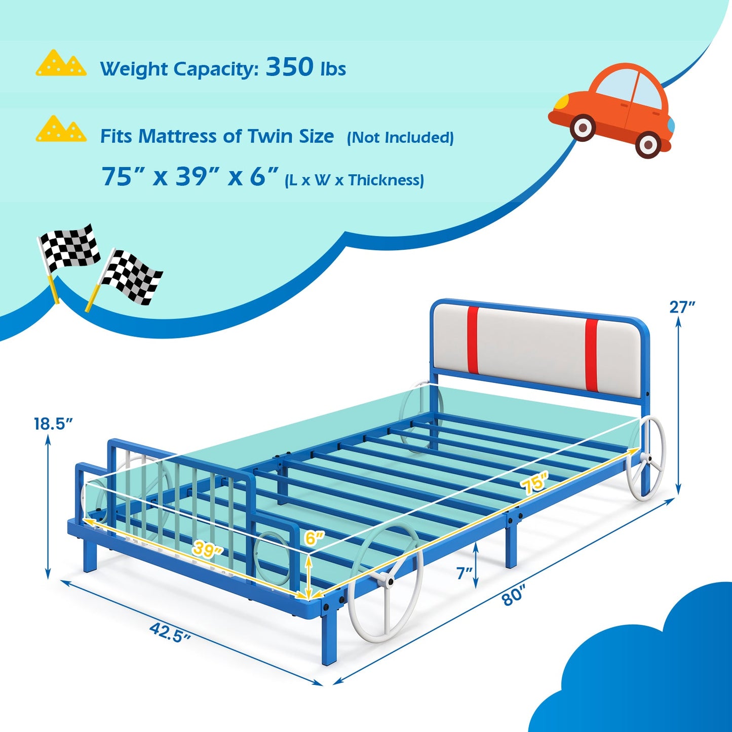 Twin Size Kids Car-Shaped Metal Bed Frame with Upholstered Headboard
