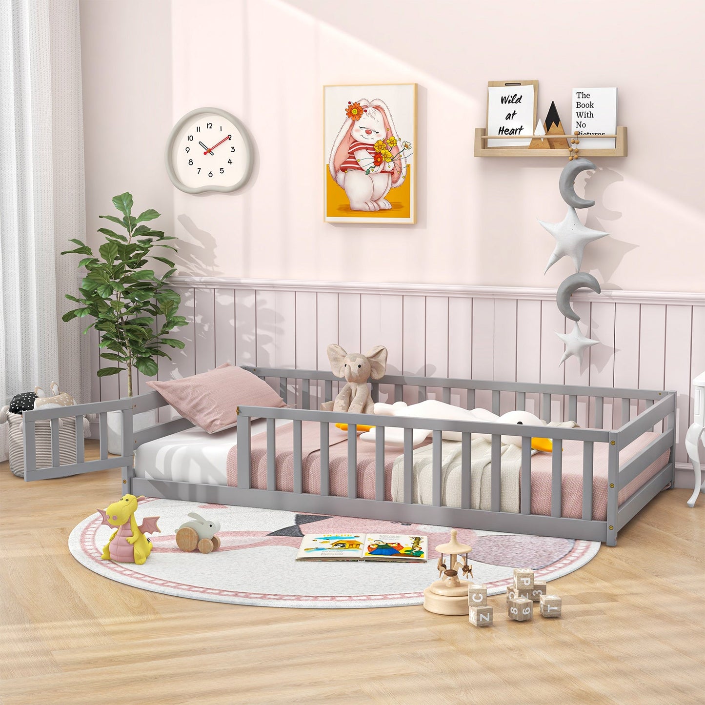 Twin Size Kids Wood Montessori Floor Bed with Door - Gray