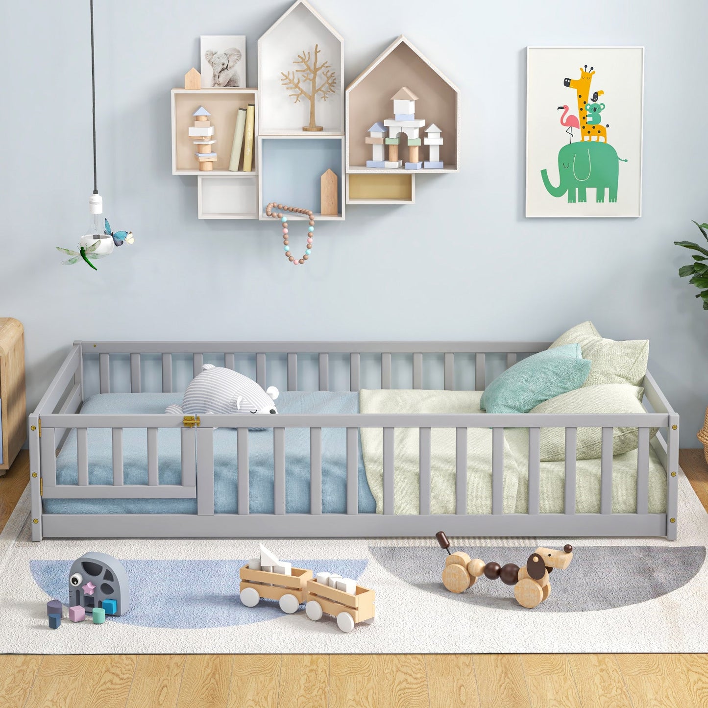 Twin Size Kids Wood Montessori Floor Bed with Door - Gray