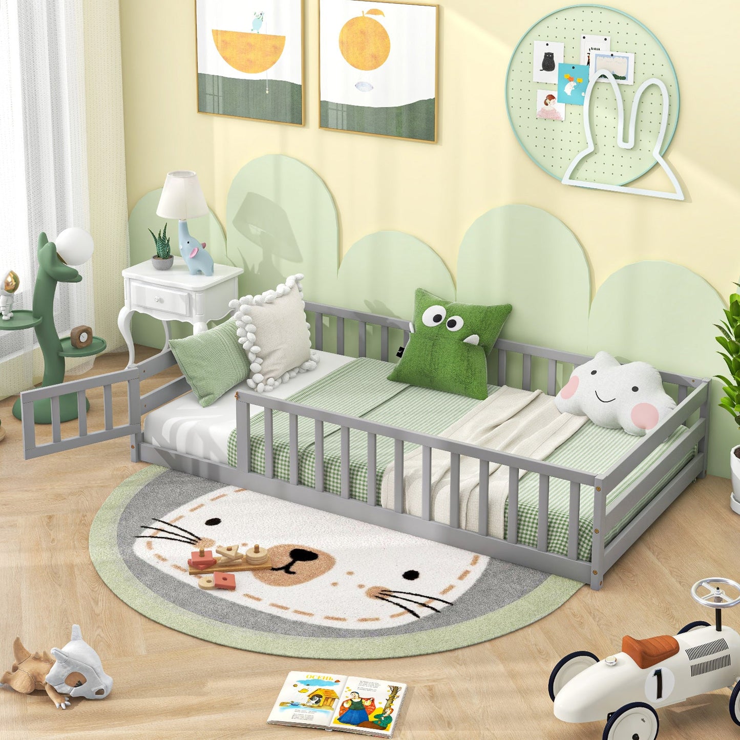 Twin Size Kids Wood Montessori Floor Bed with Door - Gray