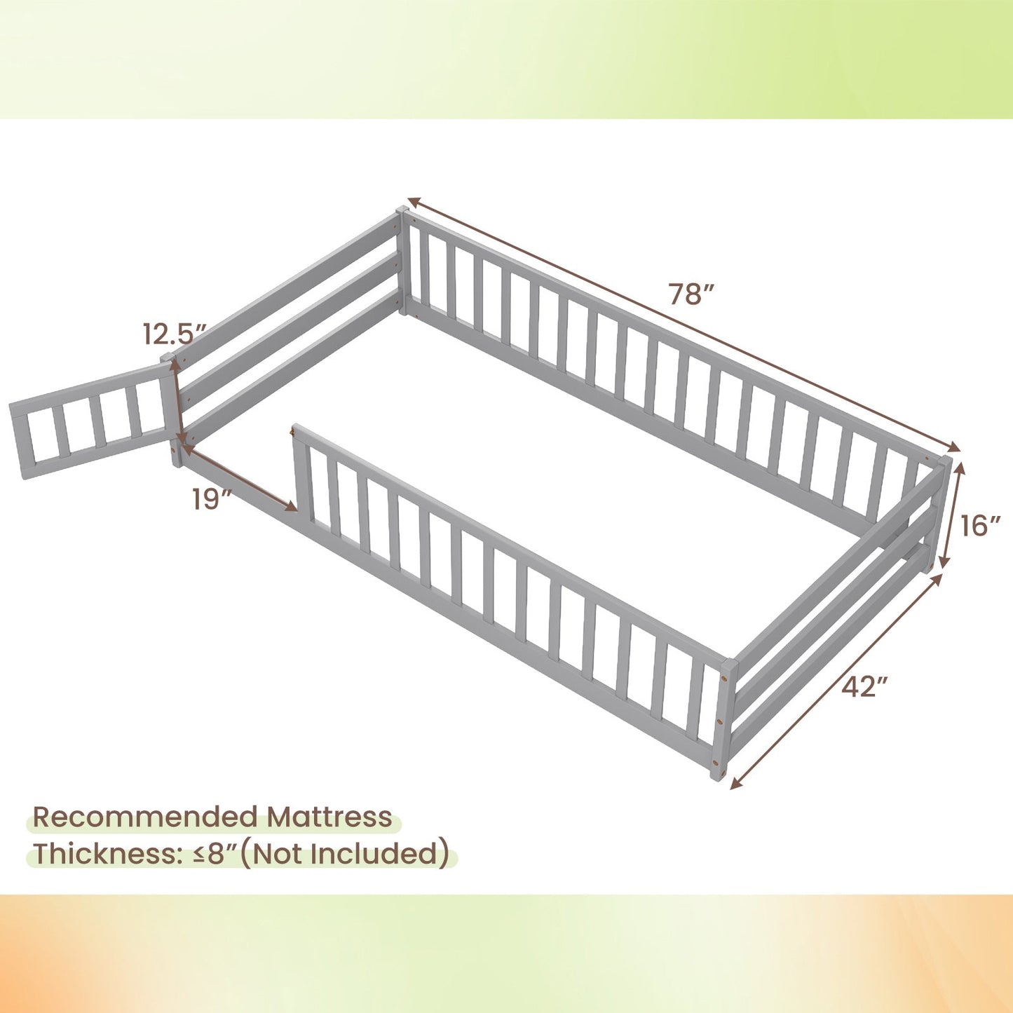 Twin Size Kids Wood Montessori Floor Bed with Door - Gray