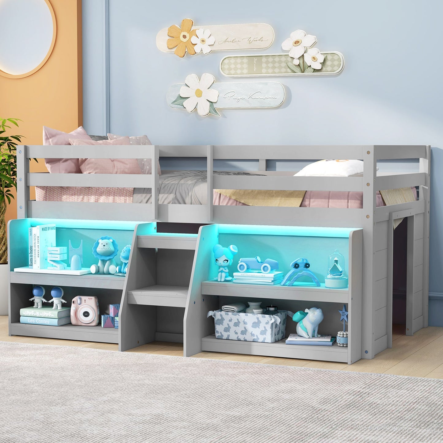 Twin Size Loft Bed with LED Lights and Staircase - Gray