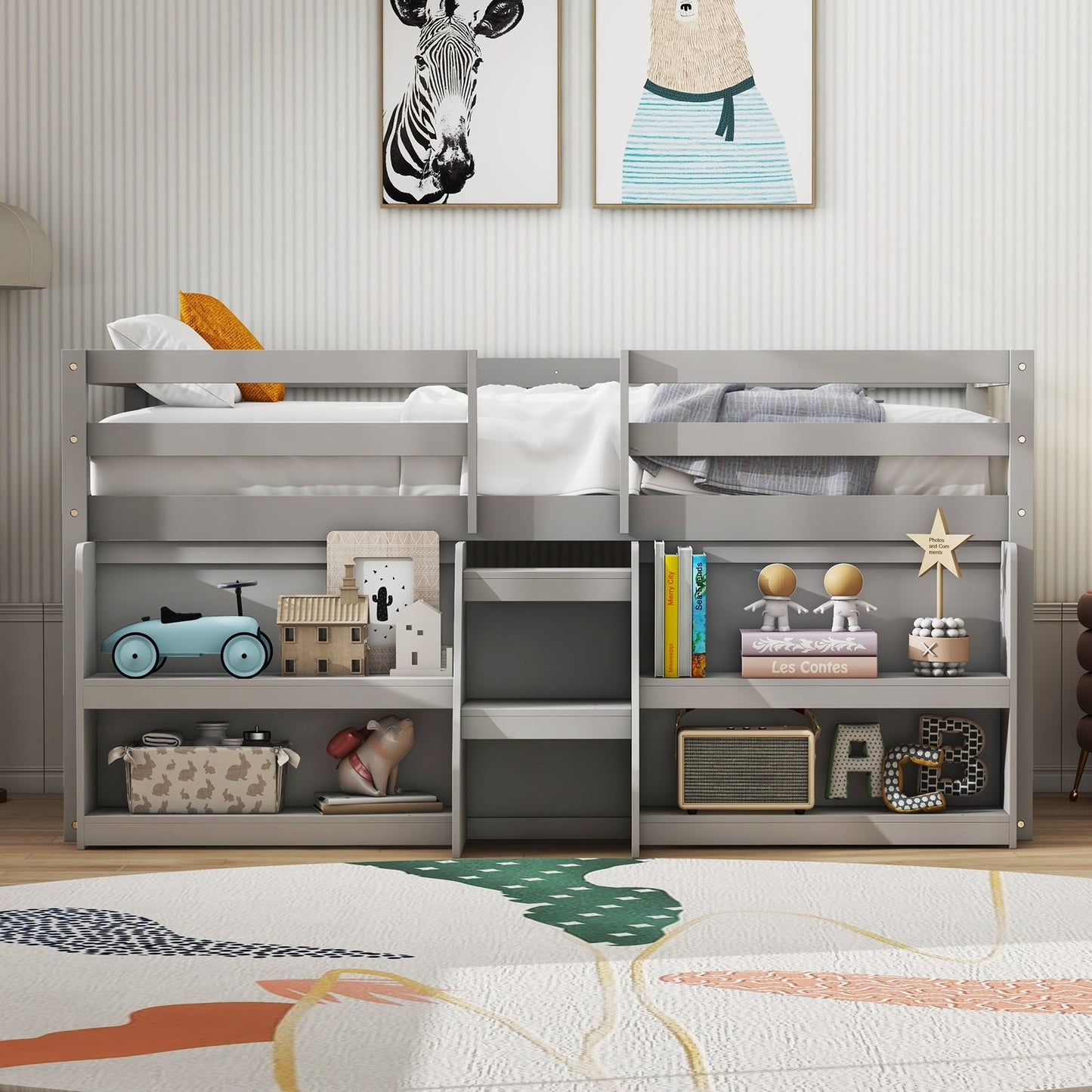 Twin Size Loft Bed with LED Lights and Staircase - Gray