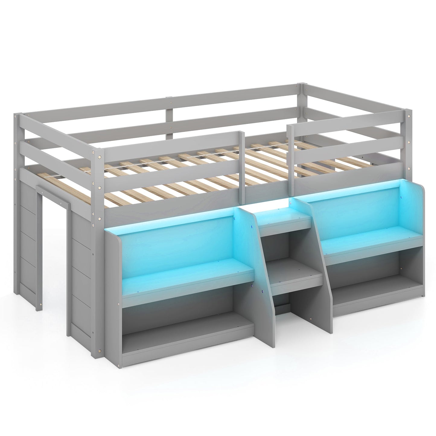 Twin Size Loft Bed with LED Lights and Staircase - Gray