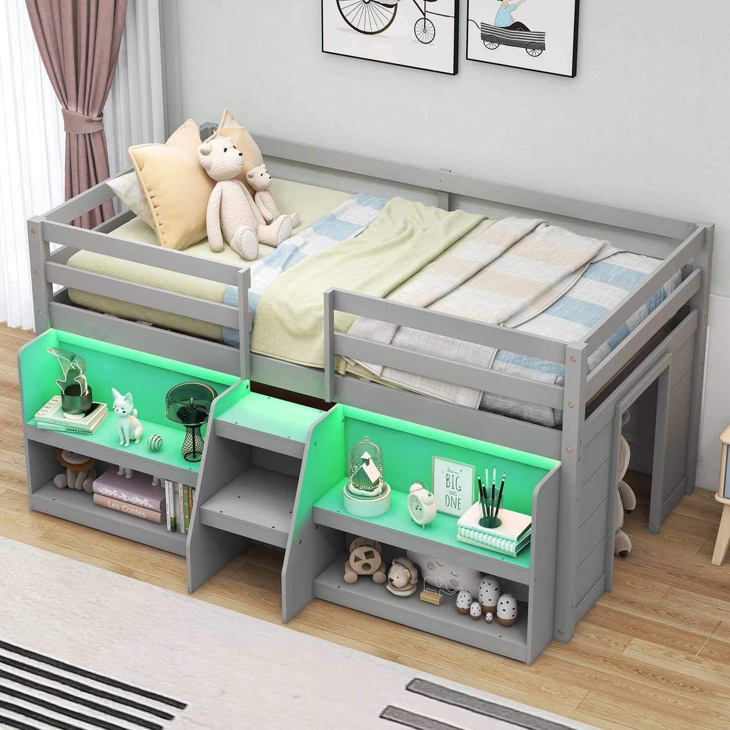 Twin Size Loft Bed with LED Lights and Staircase - Gray