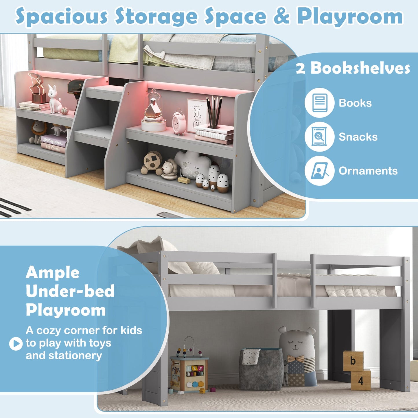 Twin Size Loft Bed with LED Lights and Staircase - Gray
