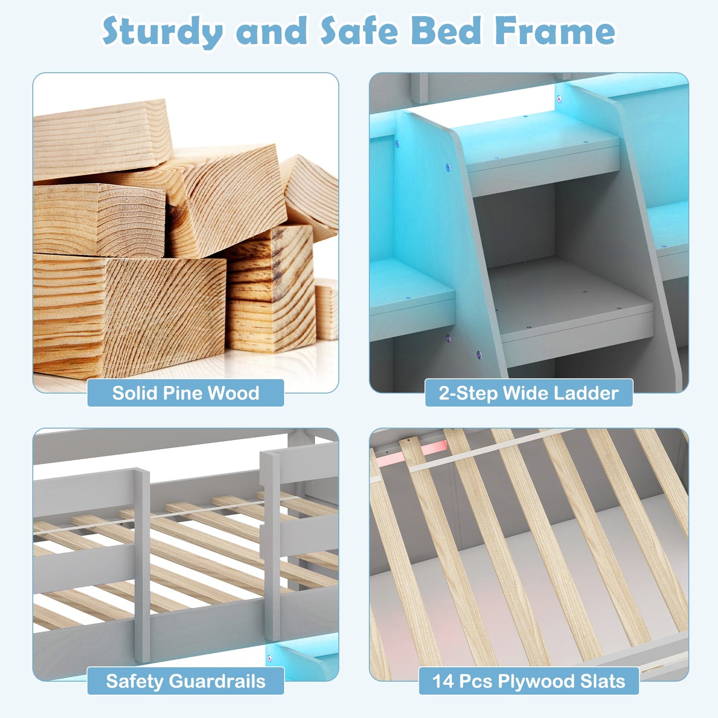 Twin Size Loft Bed with LED Lights and Staircase - Gray