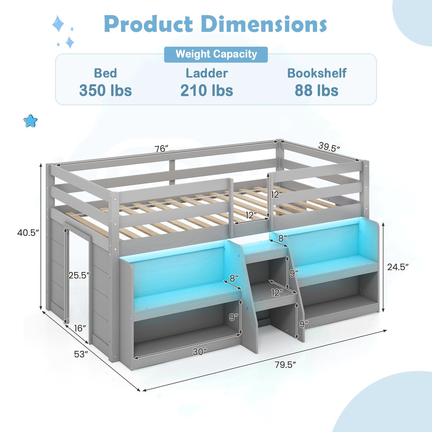 Twin Size Loft Bed with LED Lights and Staircase - Gray
