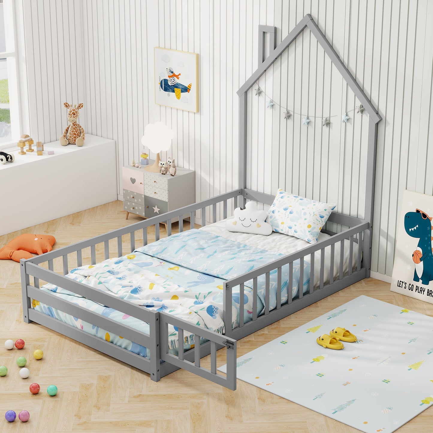 Cama Montessori de Tamaño Twin con Puerta Bloqueable - Gris