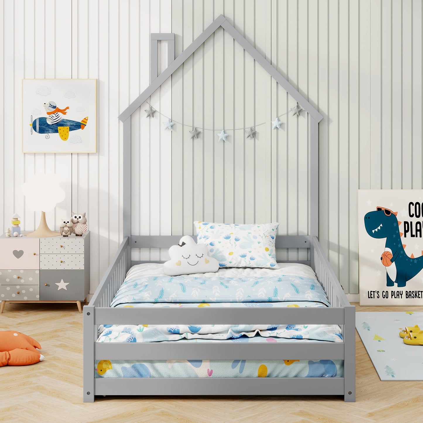 Cama Montessori de Tamaño Twin con Puerta Bloqueable - Gris