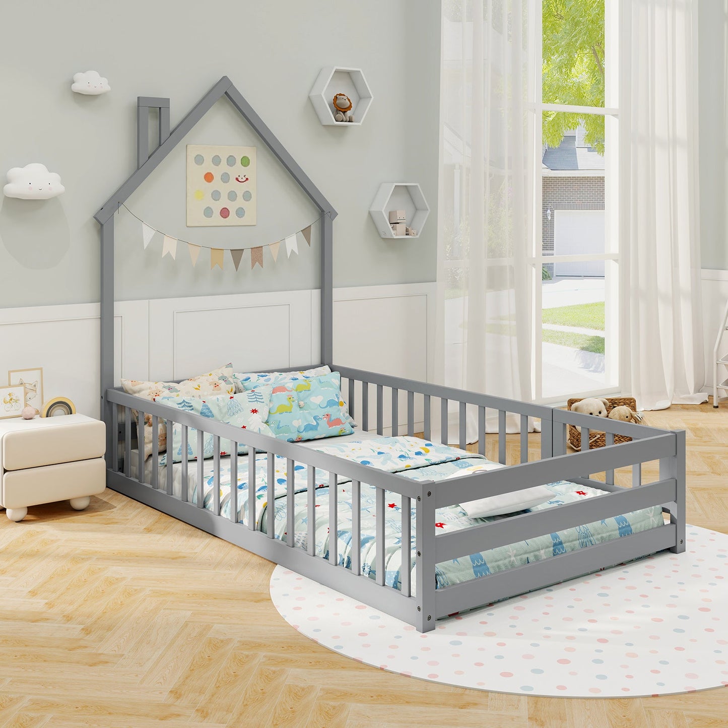 Cama Montessori de Tamaño Twin con Puerta Bloqueable - Gris