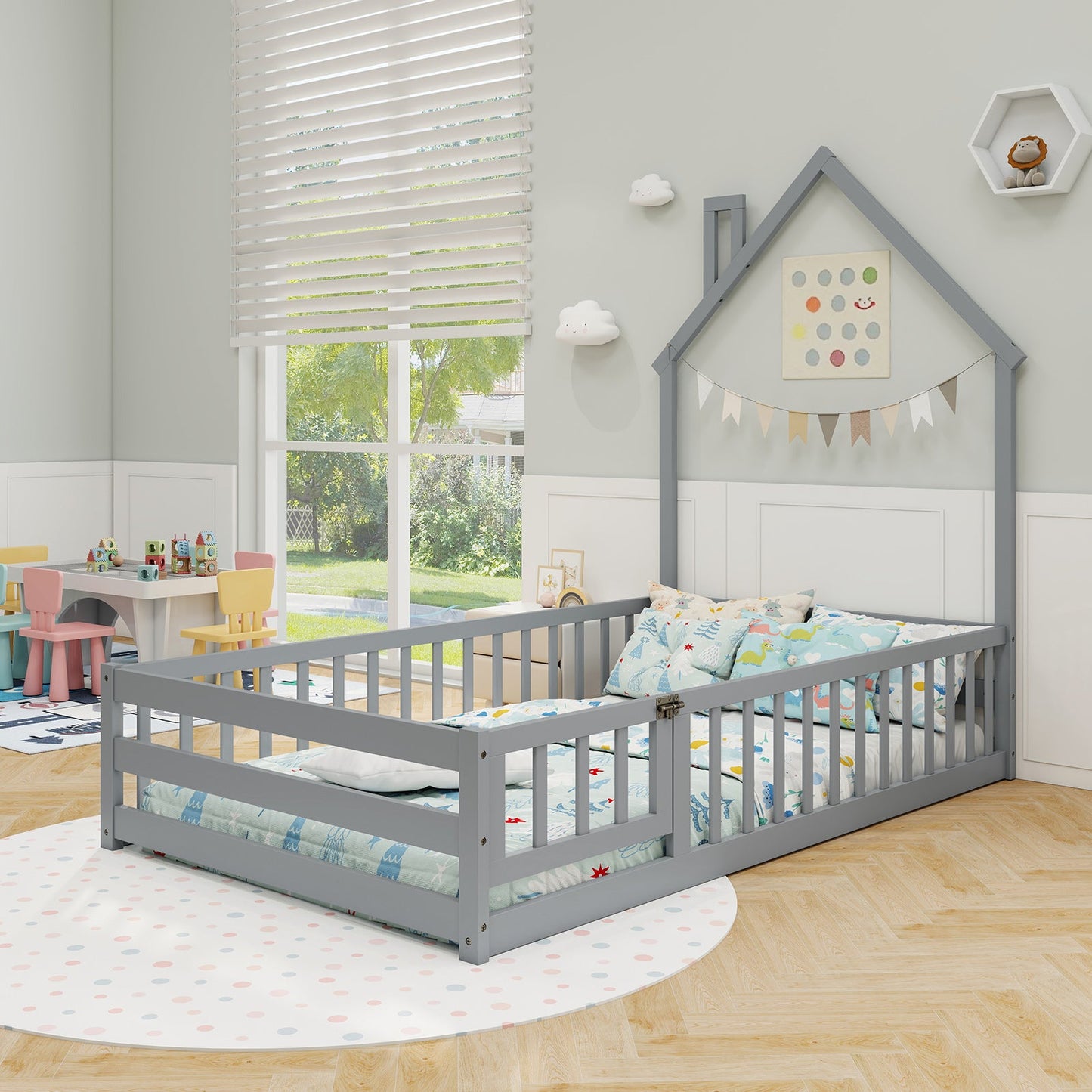 Cama Montessori de Tamaño Twin con Puerta Bloqueable - Gris