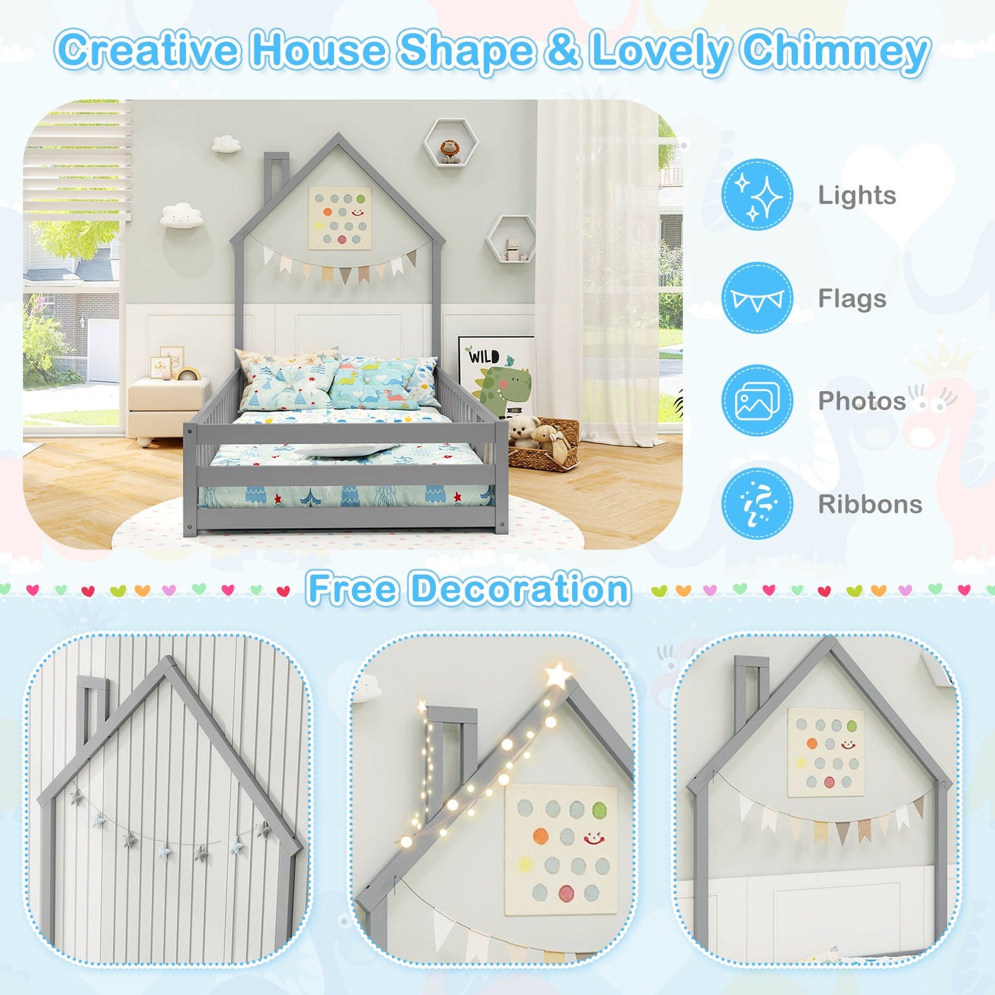 Cama Montessori de Tamaño Twin con Puerta Bloqueable - Gris