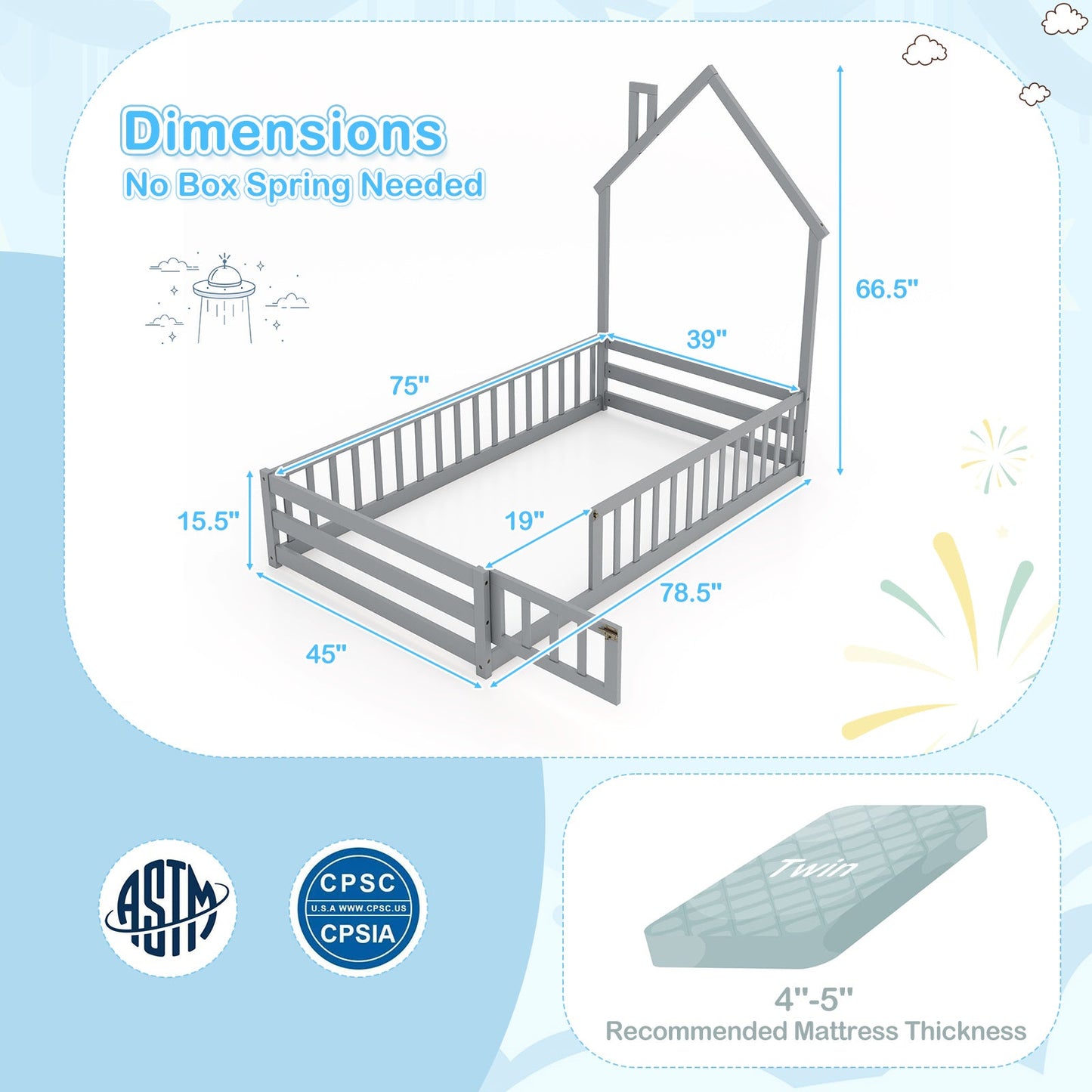 Cama Montessori de Tamaño Twin con Puerta Bloqueable - Gris