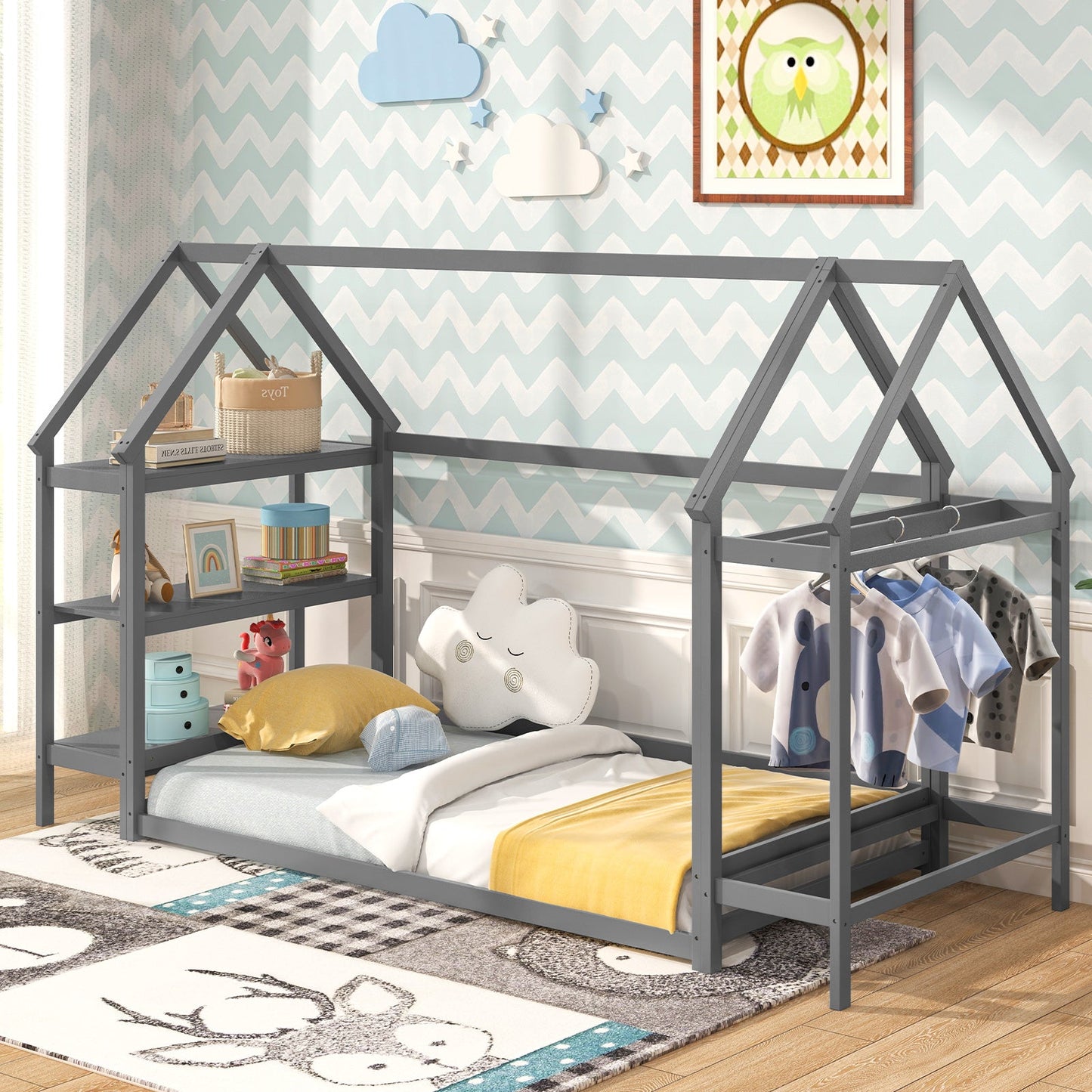 Cama Montessori de Suelo en Tamaño Twin con Estantes de Almacenamiento Desmontables - Gris