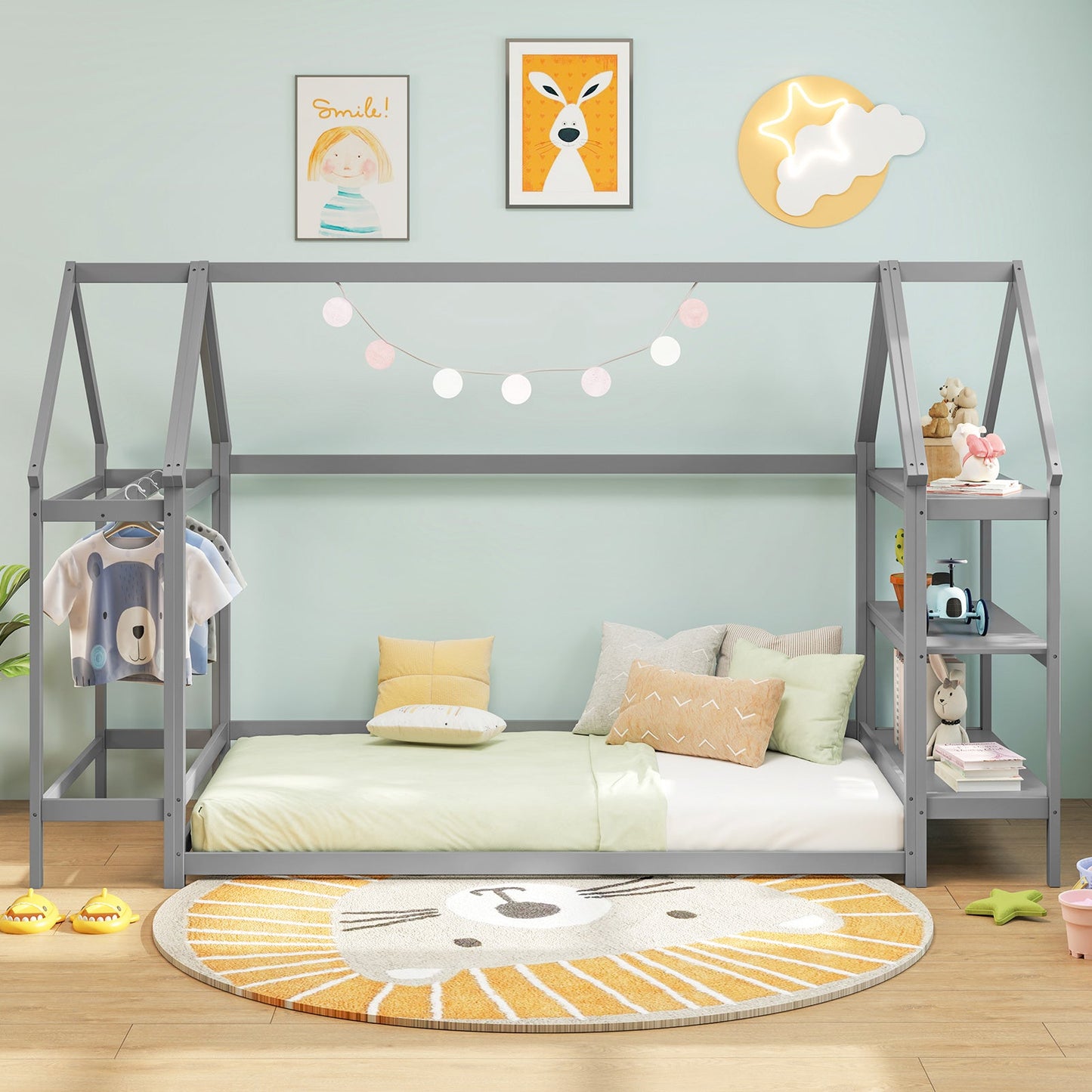 Cama Montessori de Suelo en Tamaño Twin con Estantes de Almacenamiento Desmontables - Gris