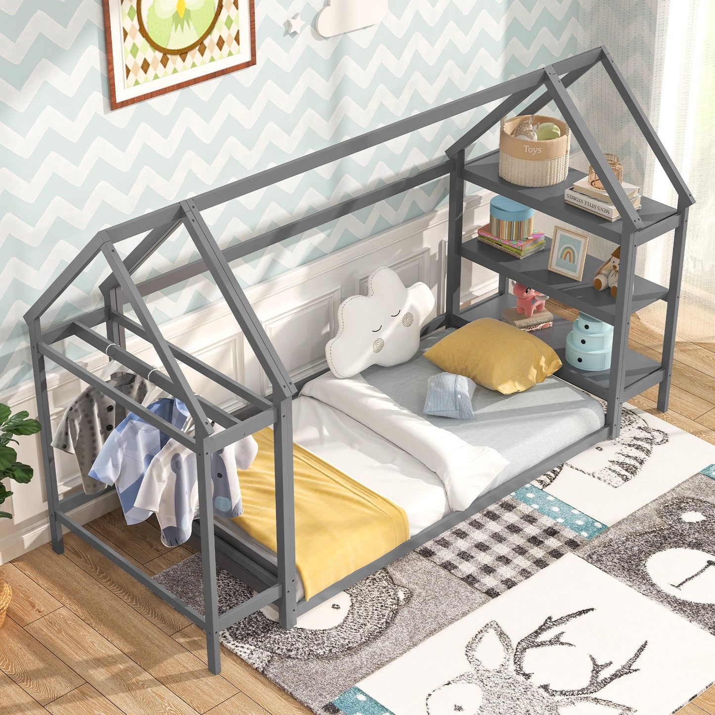 Cama Montessori de Suelo en Tamaño Twin con Estantes de Almacenamiento Desmontables - Gris
