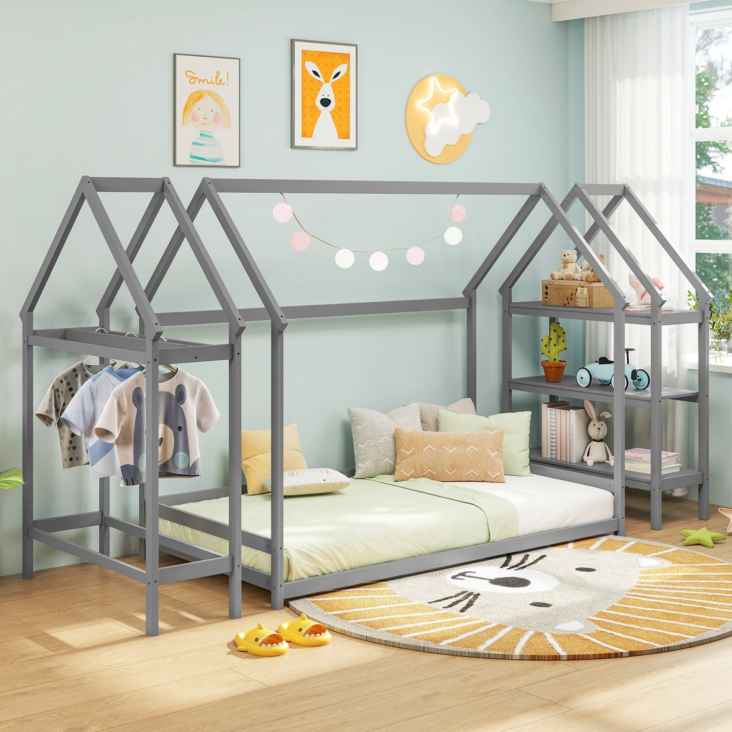 Cama Montessori de Suelo en Tamaño Twin con Estantes de Almacenamiento Desmontables - Gris