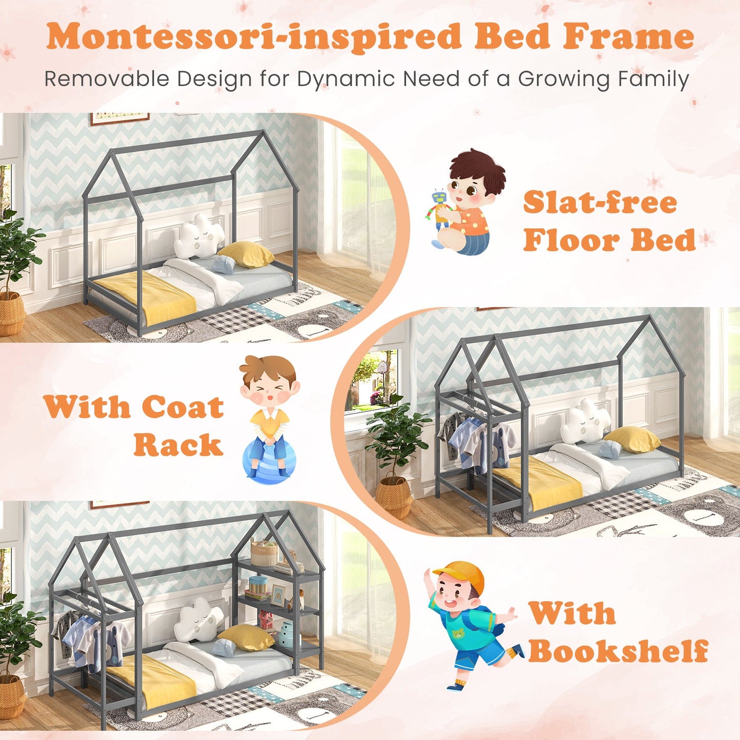 Cama Montessori de Suelo en Tamaño Twin con Estantes de Almacenamiento Desmontables - Gris