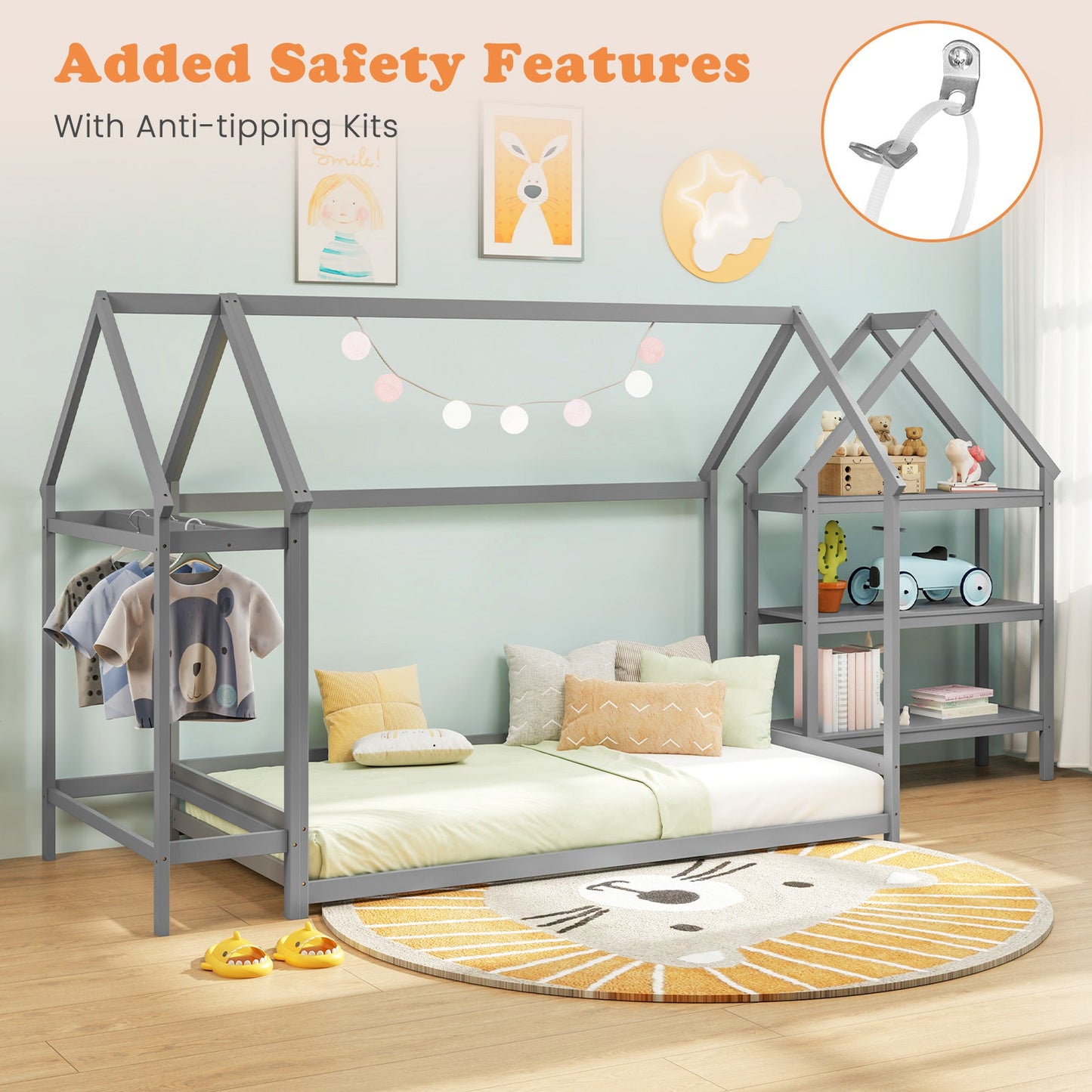 Cama Montessori de Suelo en Tamaño Twin con Estantes de Almacenamiento Desmontables - Gris