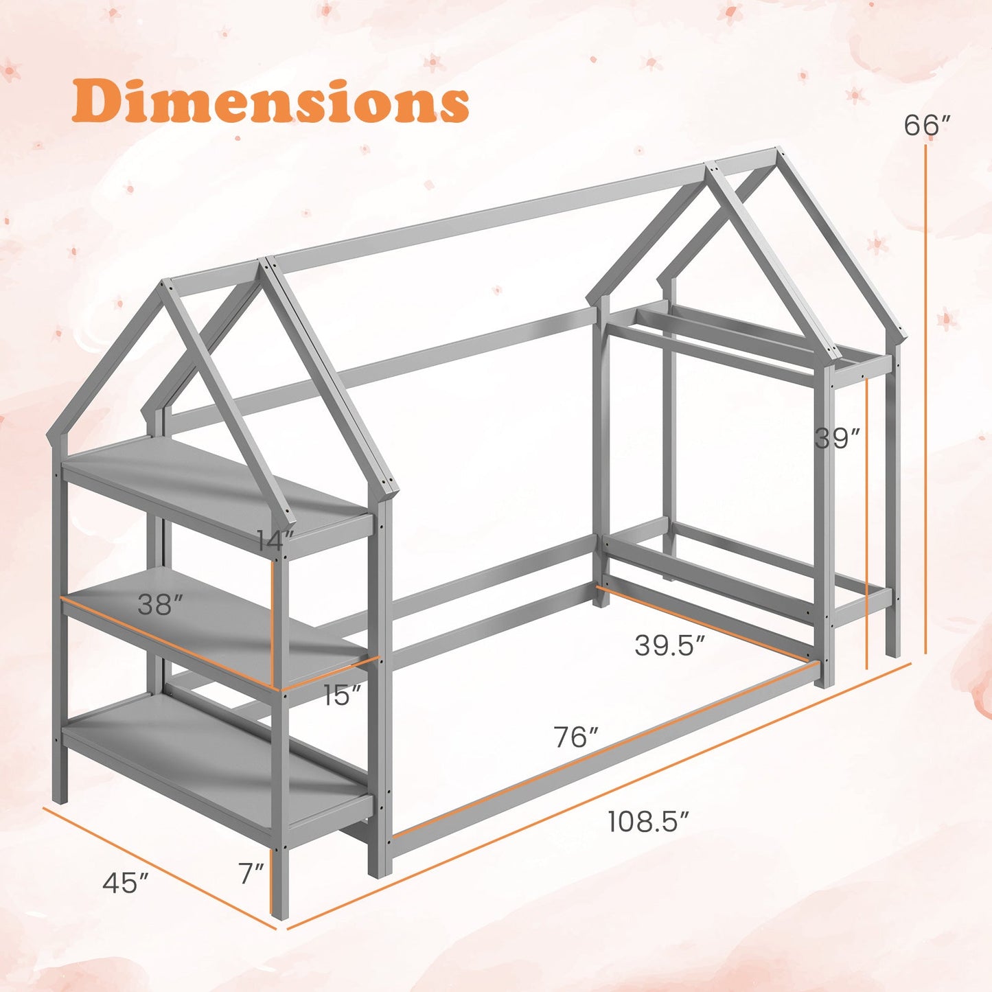 Cama Montessori de Suelo en Tamaño Twin con Estantes de Almacenamiento Desmontables - Gris