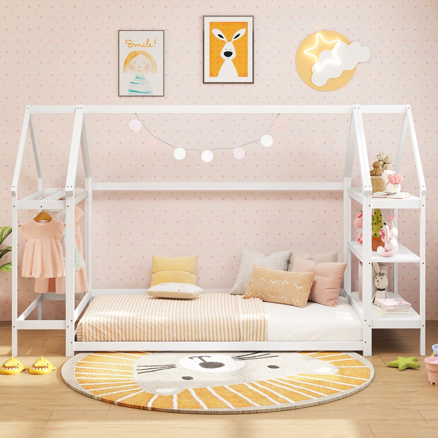 Cama Casa de Suelo Montessori de Tamaño Twin con Estantes de Almacenamiento - Blanca