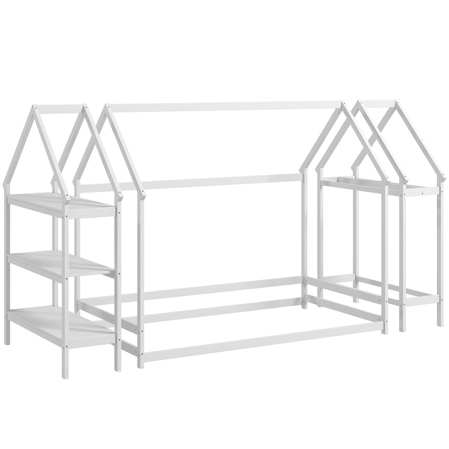 Cama Casa de Suelo Montessori de Tamaño Twin con Estantes de Almacenamiento - Blanca