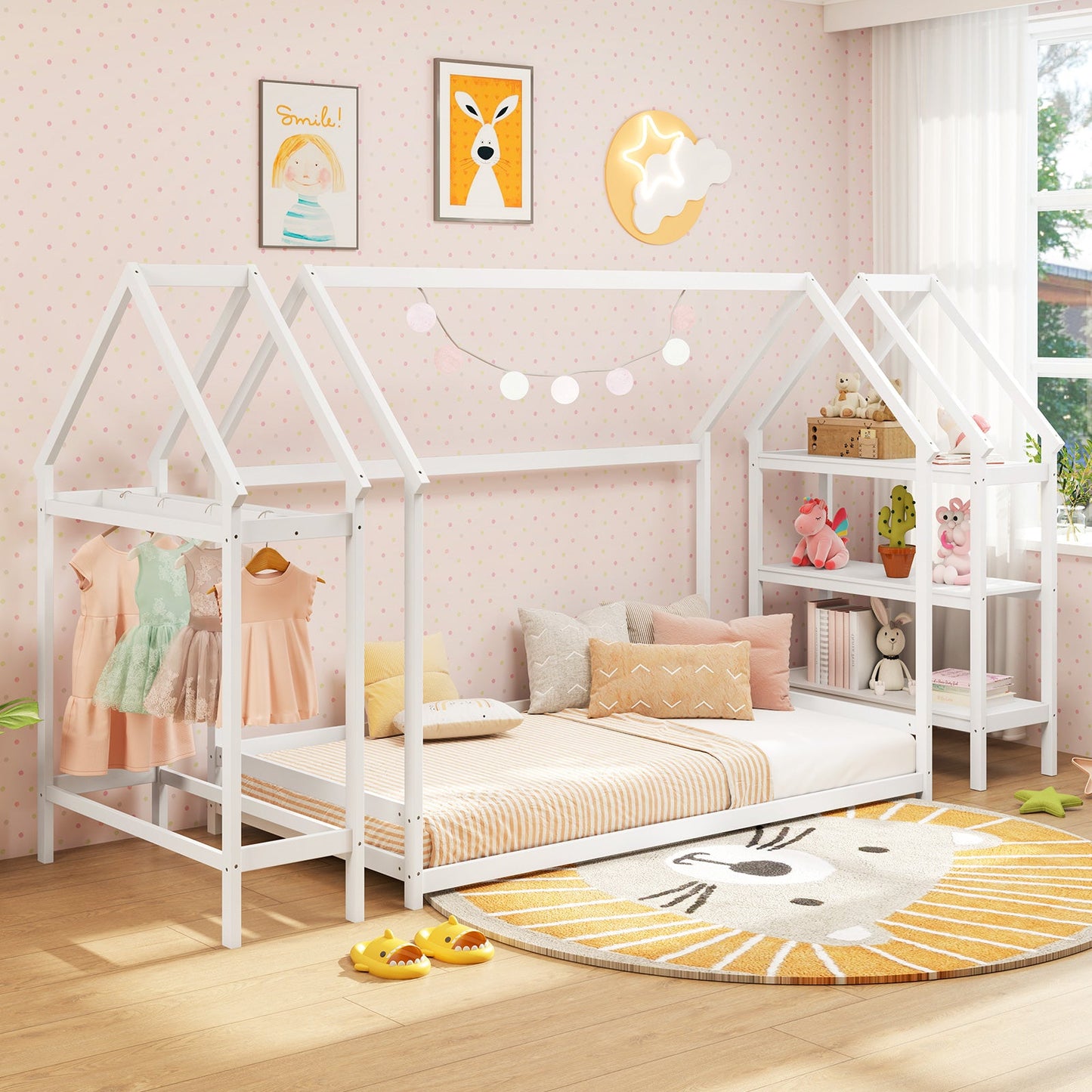 Cama Casa de Suelo Montessori de Tamaño Twin con Estantes de Almacenamiento - Blanca