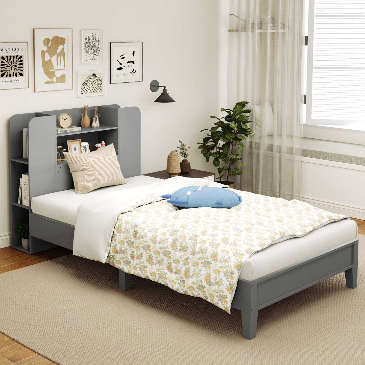 Estructura de Cama de Plataforma de Madera de Tamaño Twin con Cabecero de Estantería - Gris