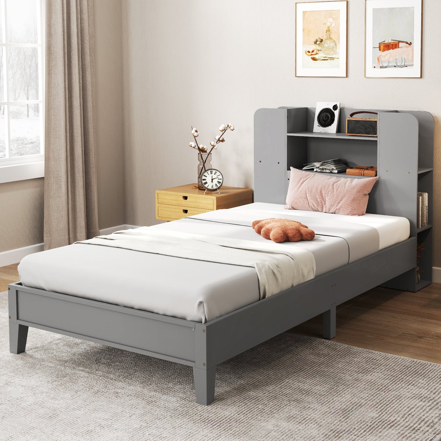 Estructura de Cama de Plataforma de Madera de Tamaño Twin con Cabecero de Estantería - Gris