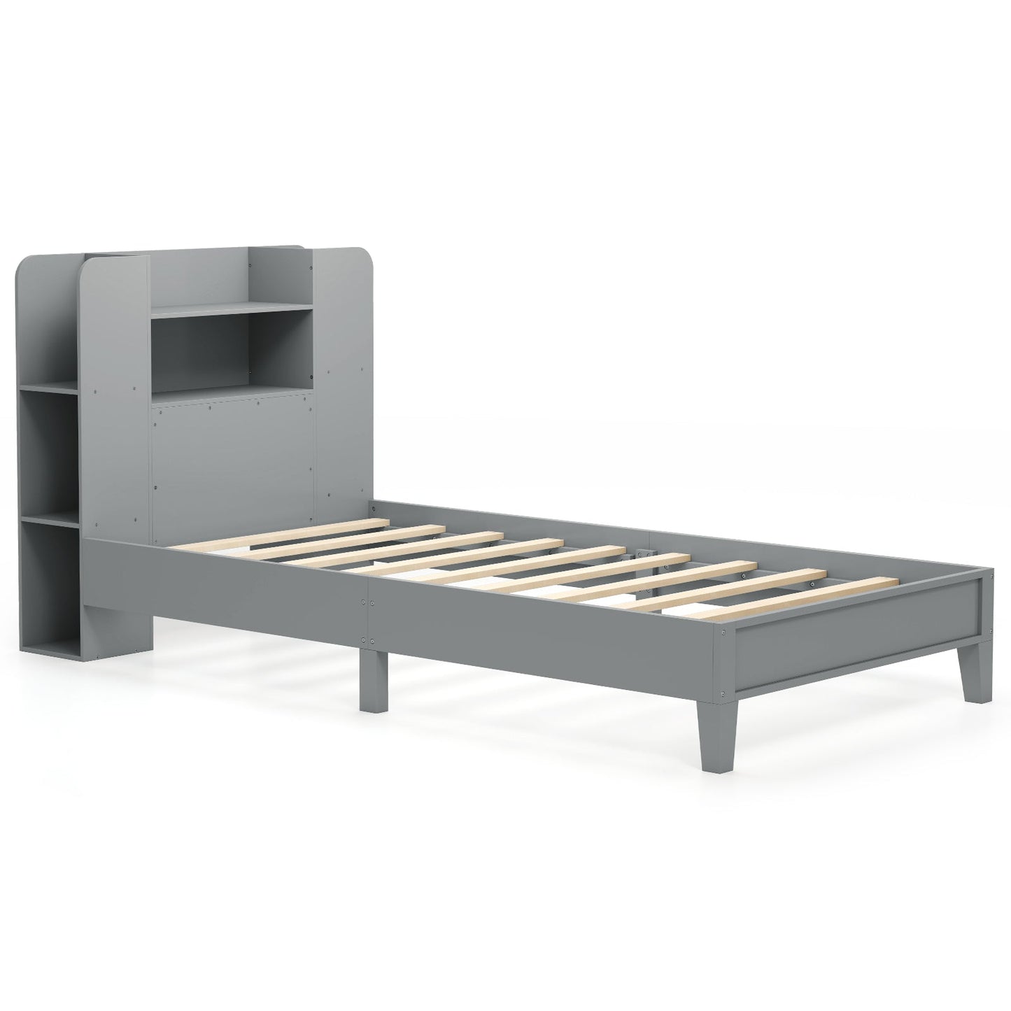 Estructura de Cama de Plataforma de Madera de Tamaño Twin con Cabecero de Estantería - Gris
