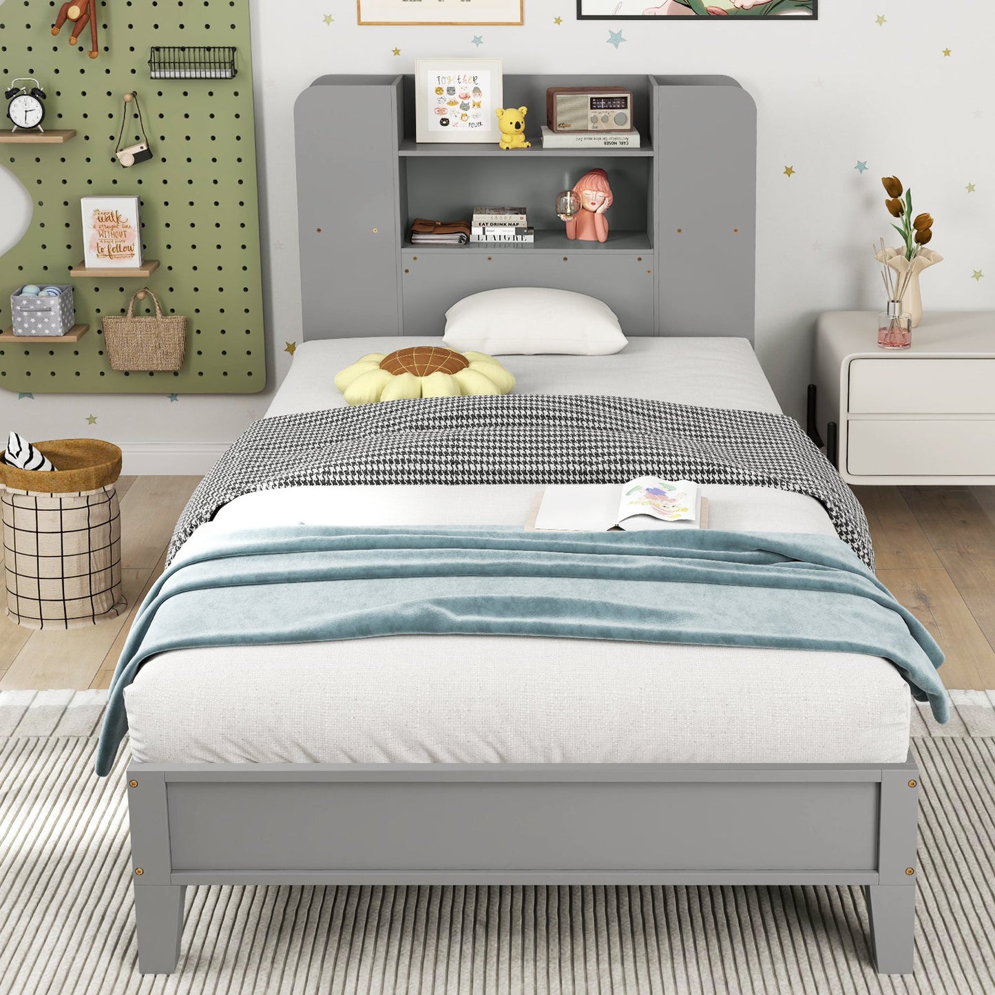 Estructura de Cama de Plataforma de Madera de Tamaño Twin con Cabecero de Estantería - Gris
