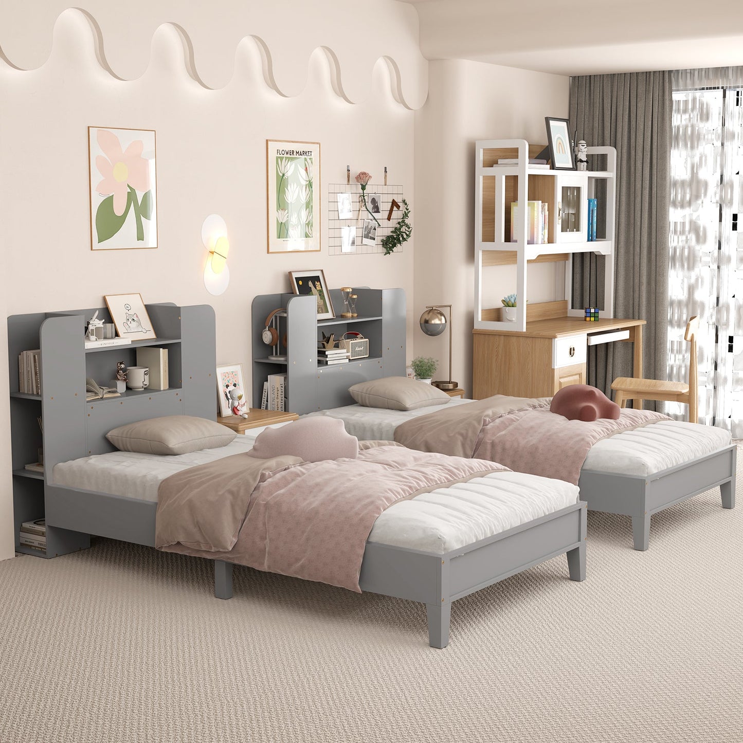Estructura de Cama de Plataforma de Madera de Tamaño Twin con Cabecero de Estantería - Gris