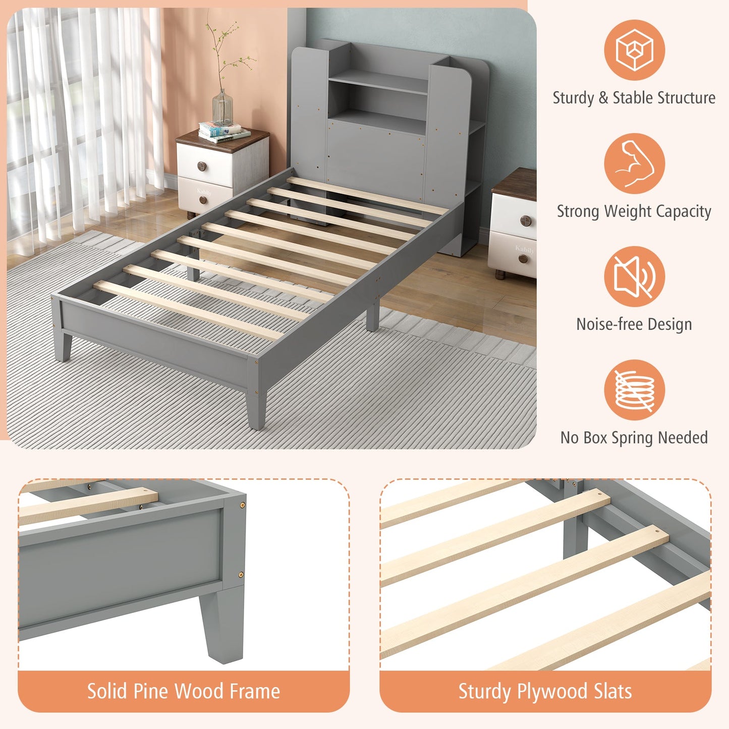 Estructura de Cama de Plataforma de Madera de Tamaño Twin con Cabecero de Estantería - Gris