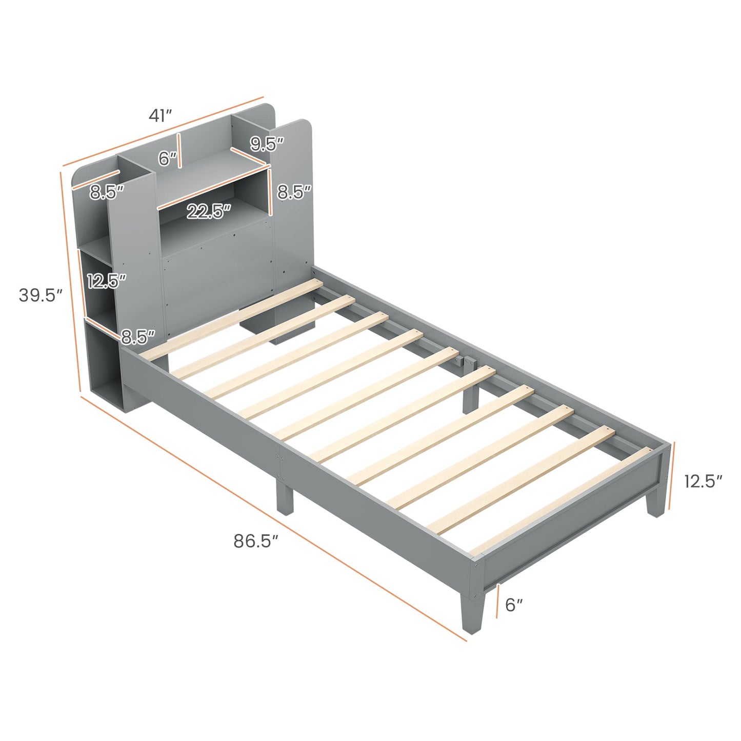 Estructura de Cama de Plataforma de Madera de Tamaño Twin con Cabecero de Estantería - Gris