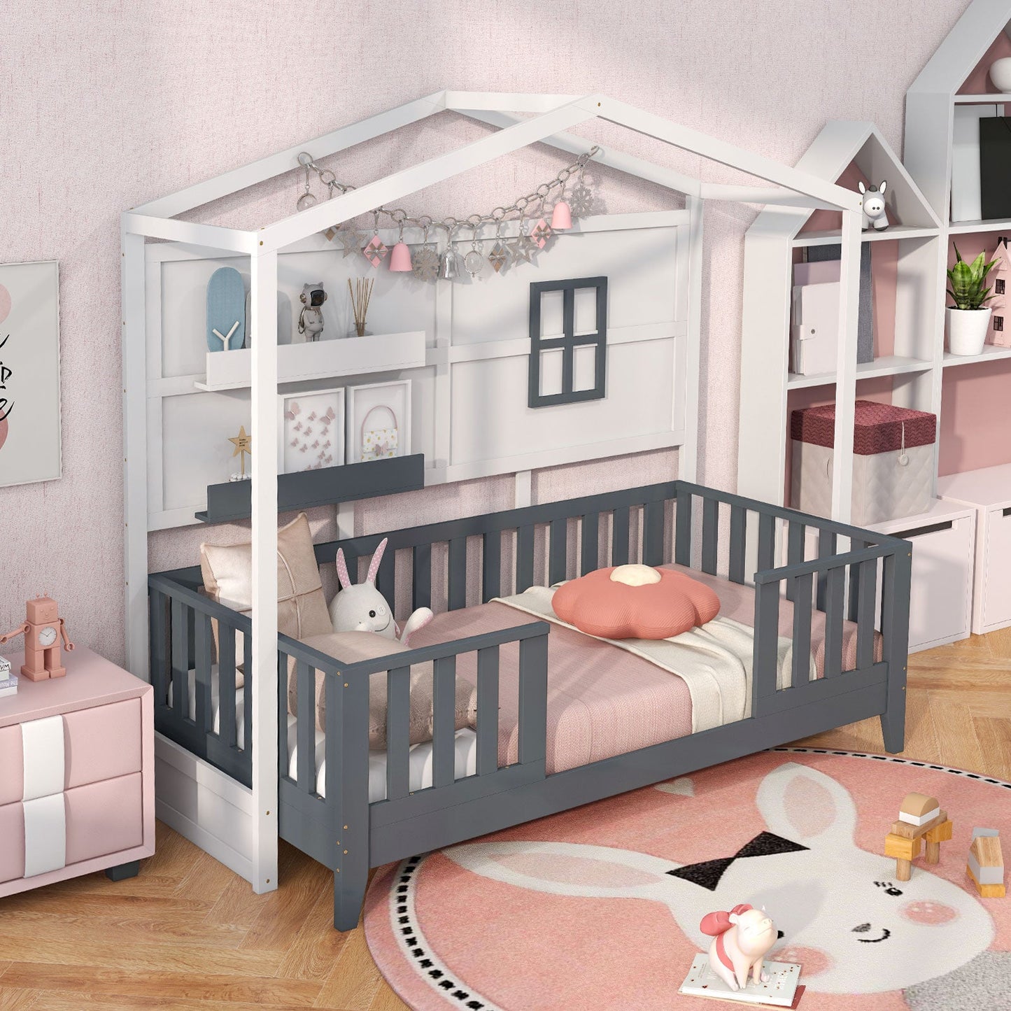 Twin Wood House Montessori Floor Bed with Shelves - Gray & White