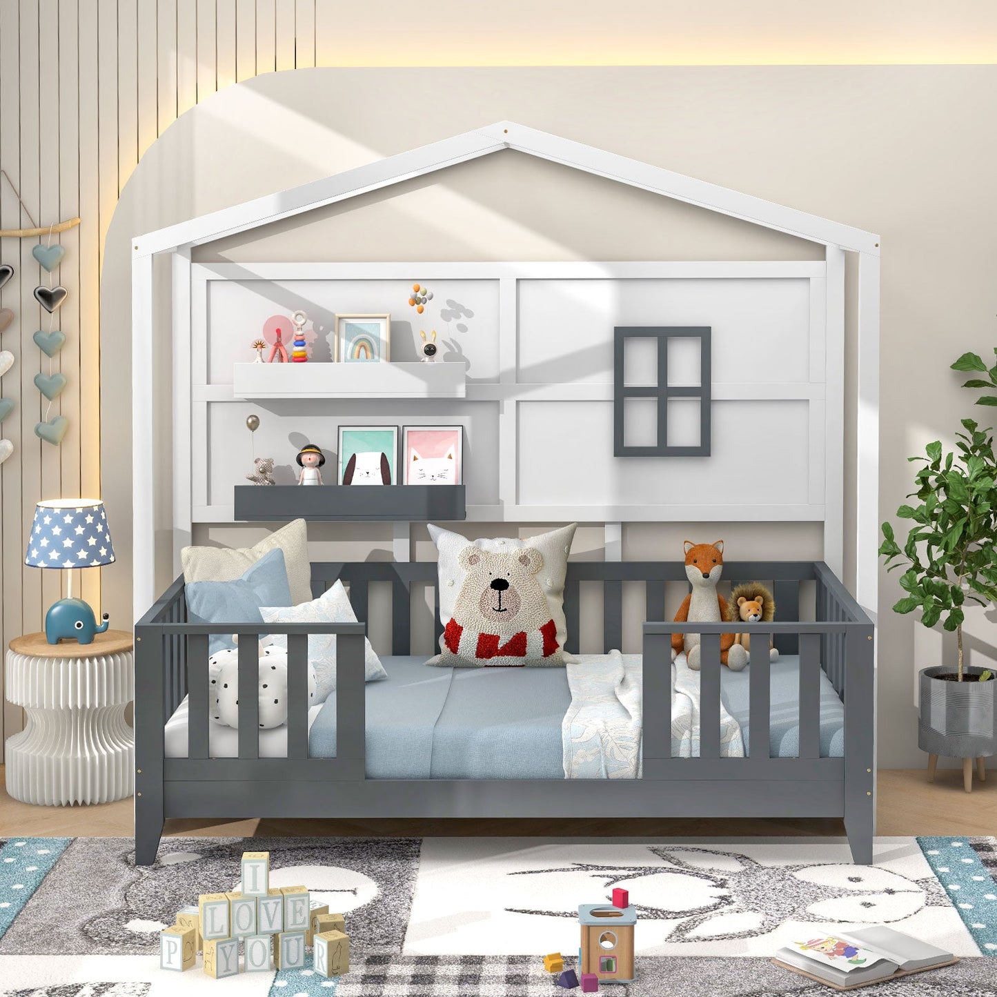 Twin Wood House Montessori Floor Bed with Shelves - Gray & White