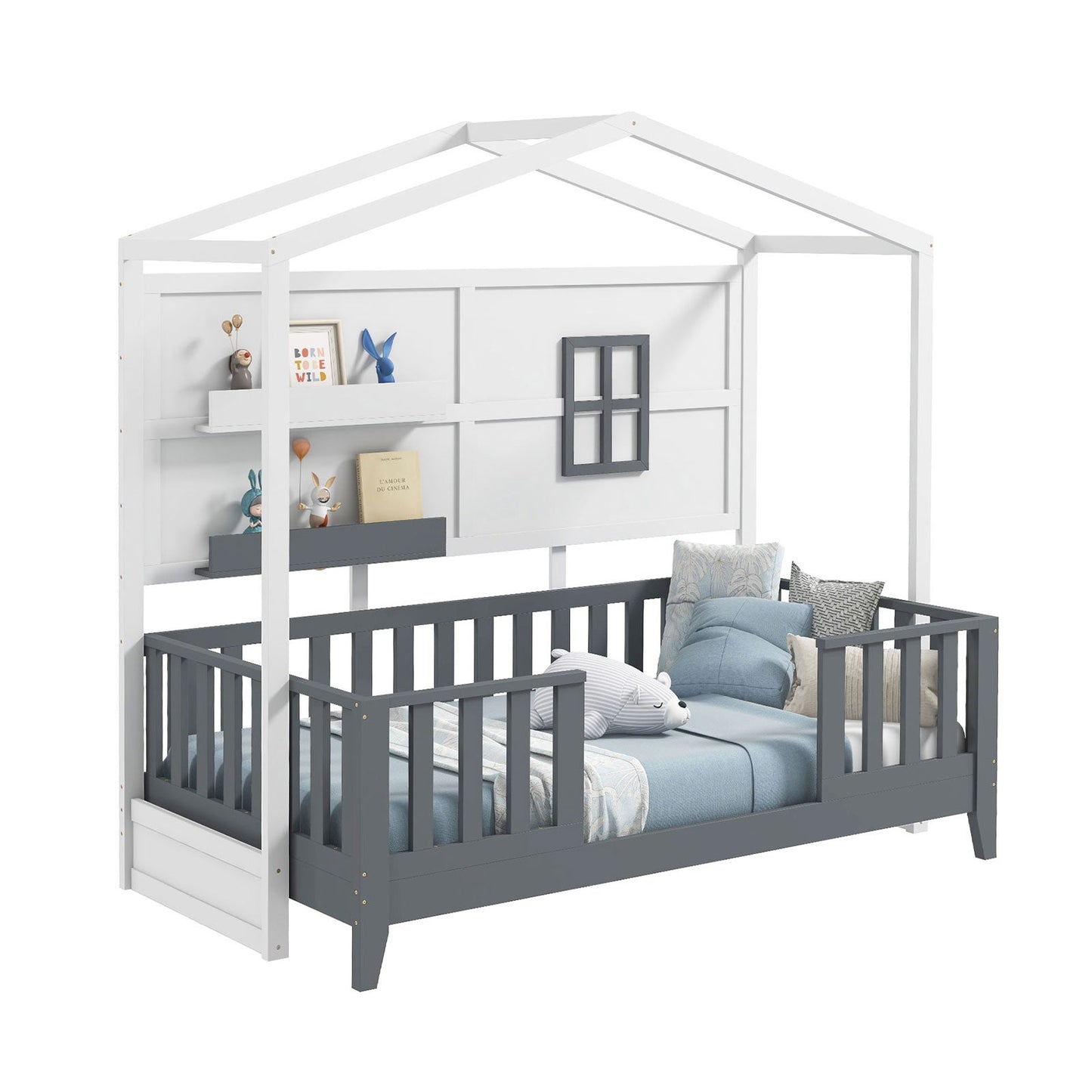Twin Wood House Montessori Floor Bed with Shelves - Gray & White