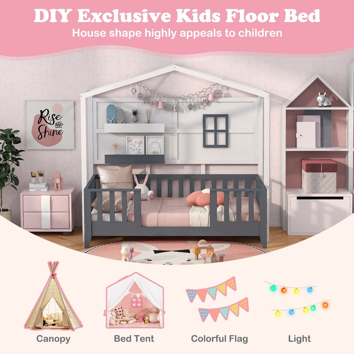 Twin Wood House Montessori Floor Bed with Shelves - Gray & White